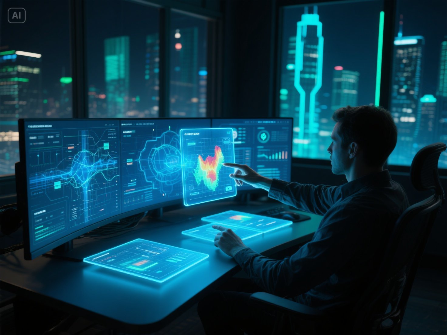 jimeng-2025-06-03-6420-Data analyst in dimly lit control room at night. Focus on hands interacting_ ....jpeg